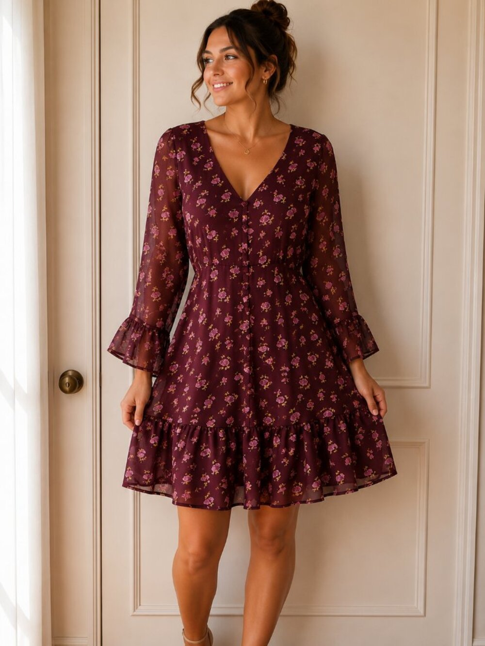 Band of Gypsies Plum Floral Button-Front Mini Dress